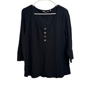 Soft SurroundingsWomens L Black Textured Henley 3/4Sleeve Casual Scoop NeckTop